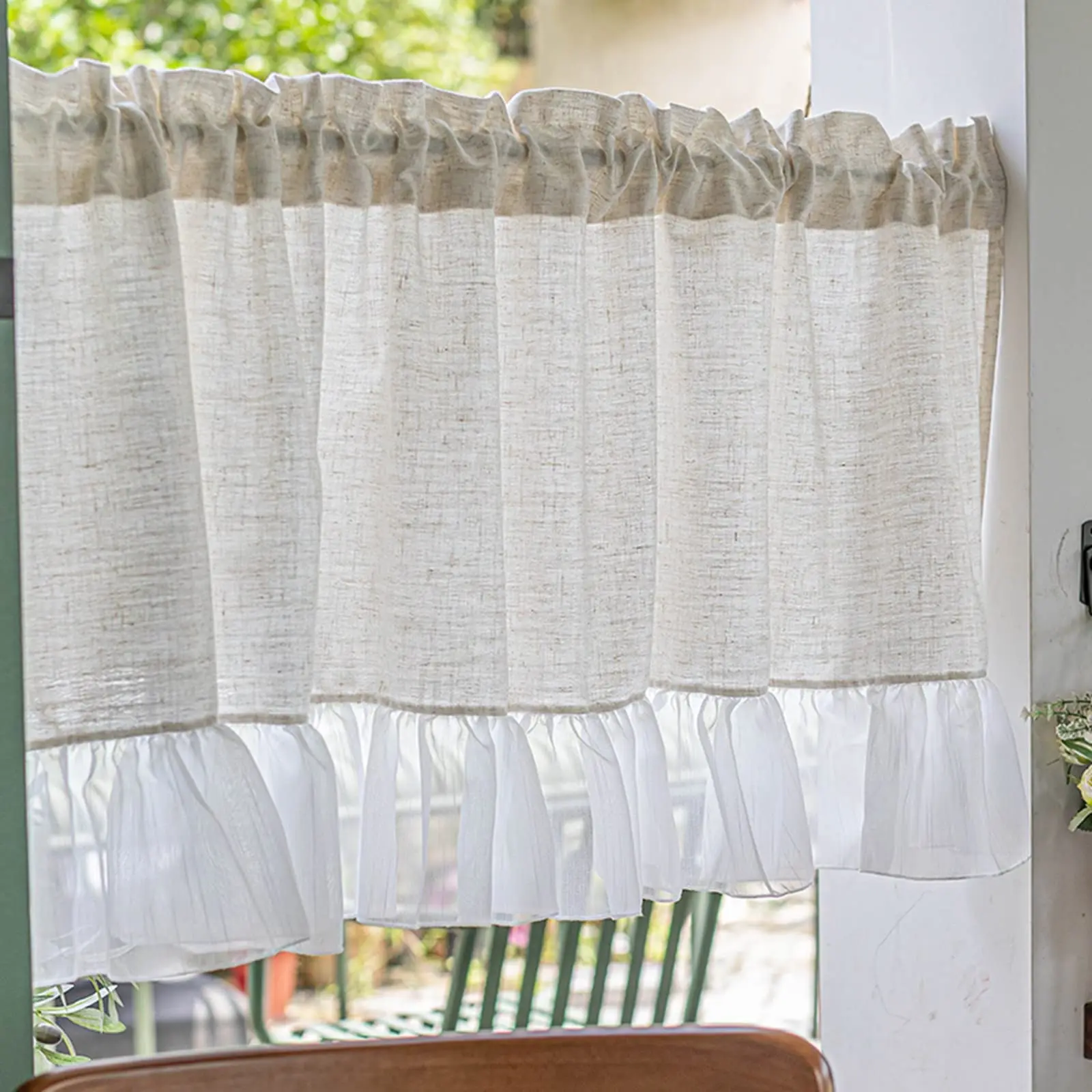 Short Curtain for Small Window Beige Cotton Linen with White Voile Lace Ruffle Window Treatment Valance Panel Drapes