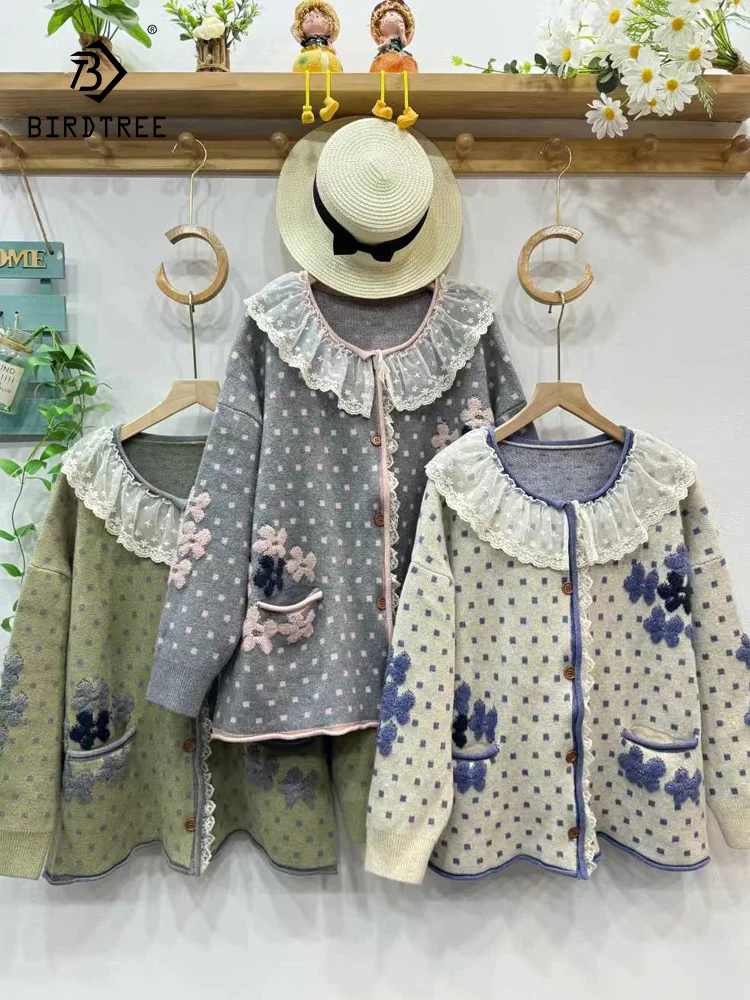 

Новый зимний свитер из смеси хлопка 2026 года, женский лоскутный кардиган с рюшами и вышивкой, свободный вязаный кардиган в консервативном стиле Mori Girl C5D823CC