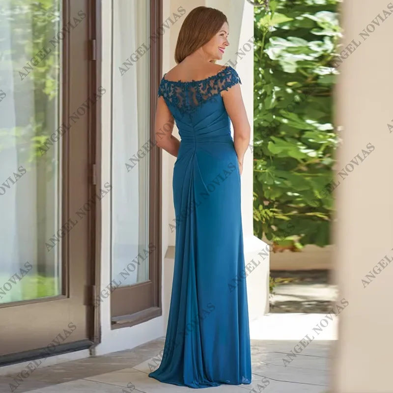 Robe de soirée personnalisée pour mère de la mariée, longue gaine, bleu, hors de l'initiative, 2024