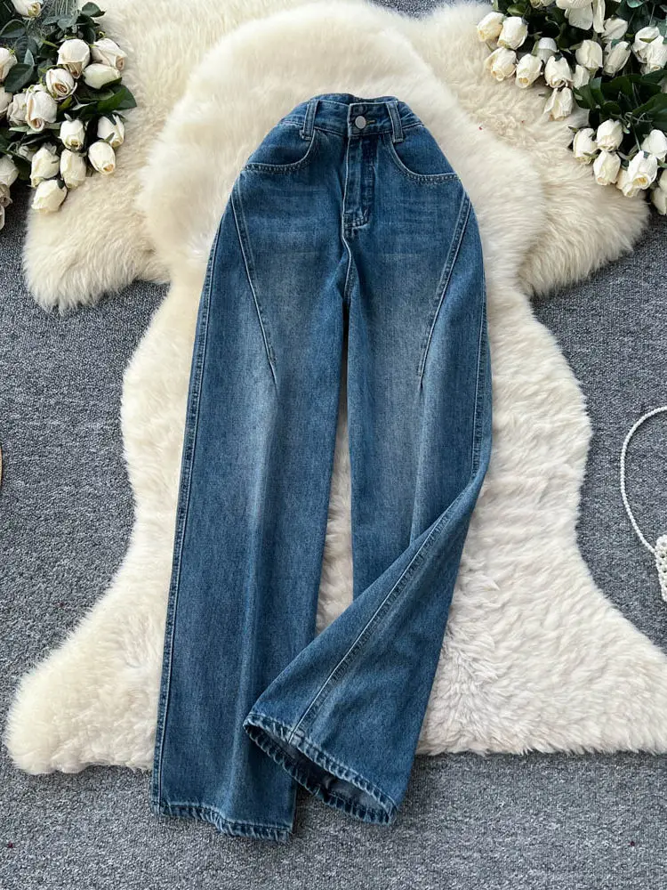 

American style high waisted loose and chic pocket denim straight leg pants women's spring new look slimming casual pants