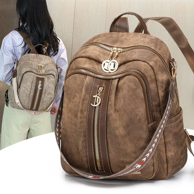 Women Vintage Brown PU Leather Backpack Anti Theft Convertible Shoulder Bag with Metal Zipper for Daily Commute