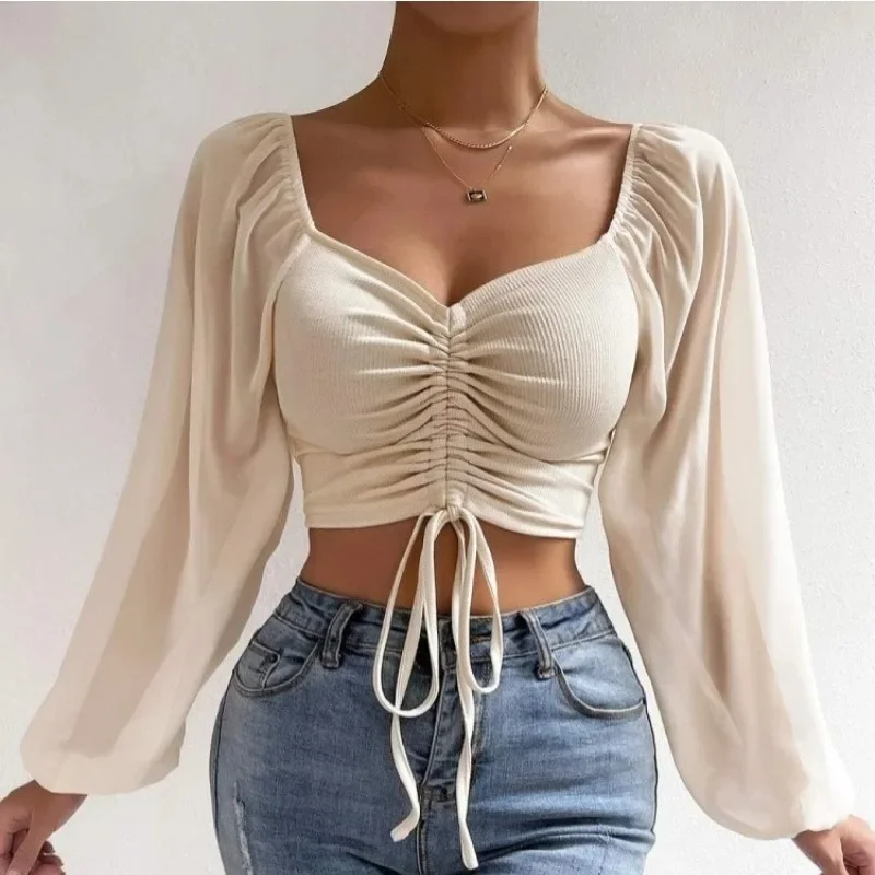 

Sexy Women Mesh Lantern Sleeves Drawstring Wrap Chest Bare Midriff T Shirt Women Long Sleeves Bottoming