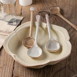 Retro Ceramic Soup Spoon Stoneware Spoon Long Handle Spoon Japanese Style Household Creative Rice Spoon Kitchen Tableware