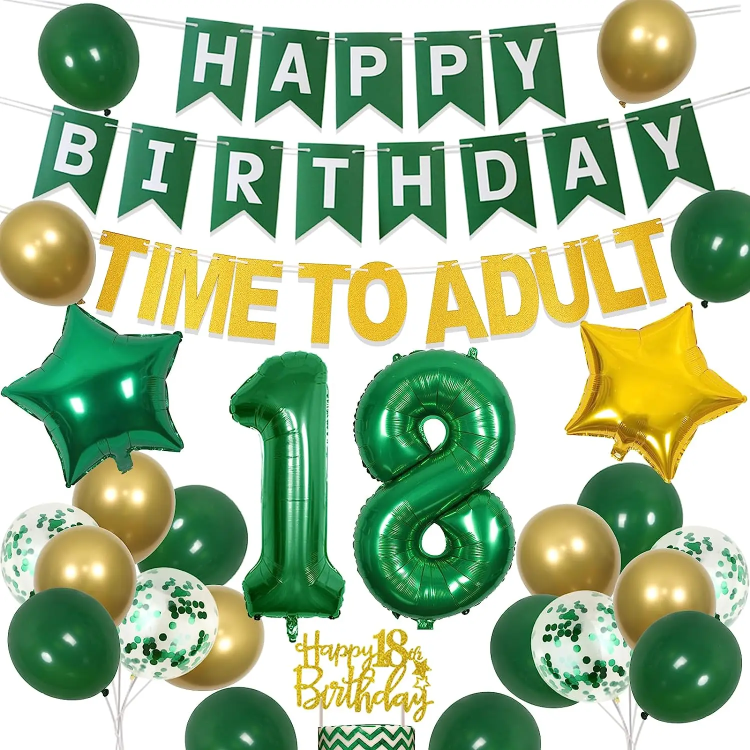 

Birthday Party Decoration for Girls and Boys, 18 Star Balloons, Banner, Cake Topper, Emerald Green, Gold, Time to Adult, 18th Bi