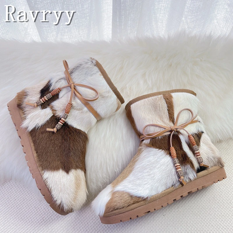 Winter New Fur Integrated Snow Boots Color Matching Beaded Straps Plat Bottom Ethnic Style Fur Women\'s Warm Shoes Footwear