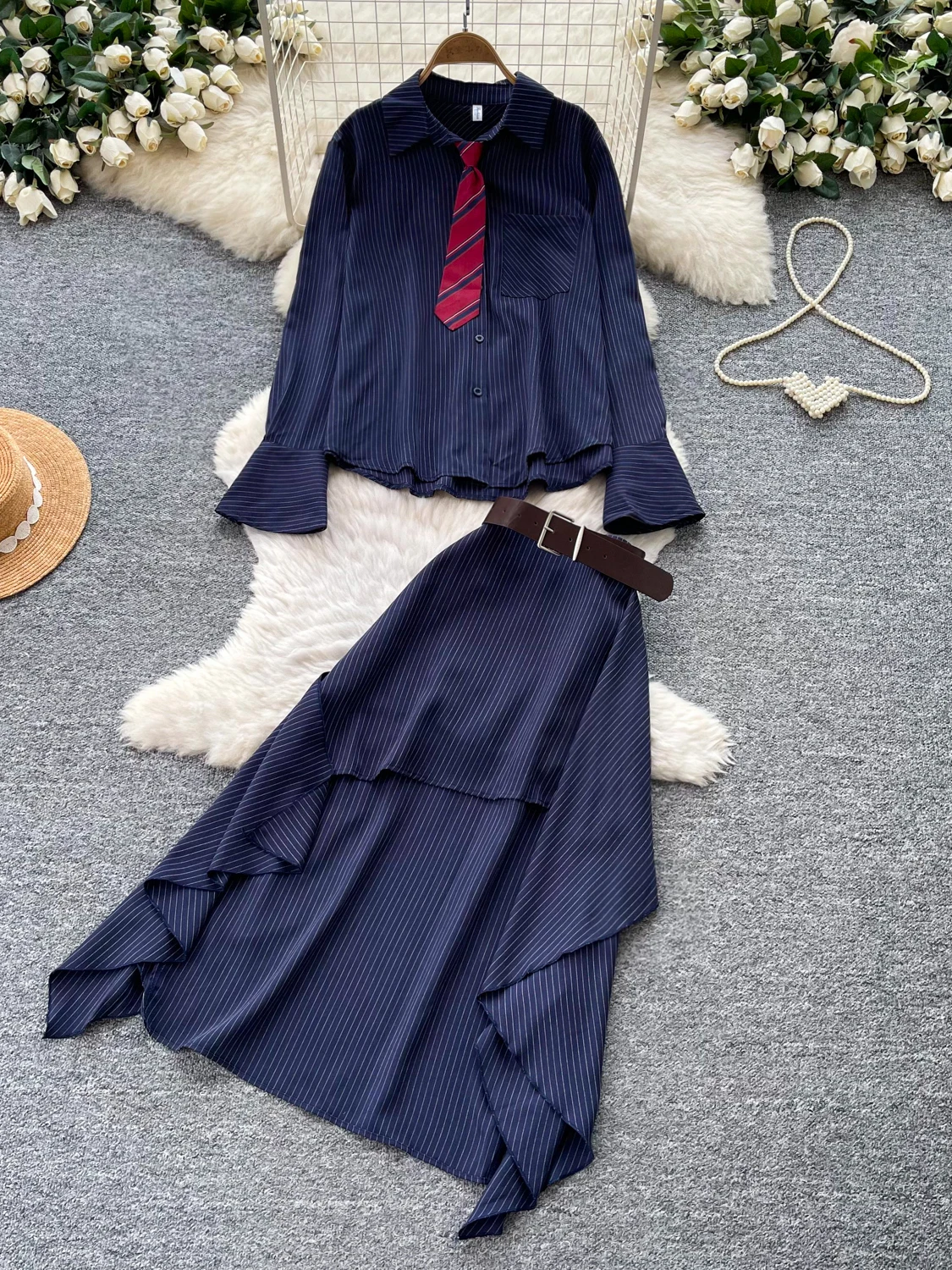 Women's Commute Stripe Shirt Asymmetrical Skirt Two-Piece Set Slimming High Waist Fashionable Autumn Workwear Ensemble