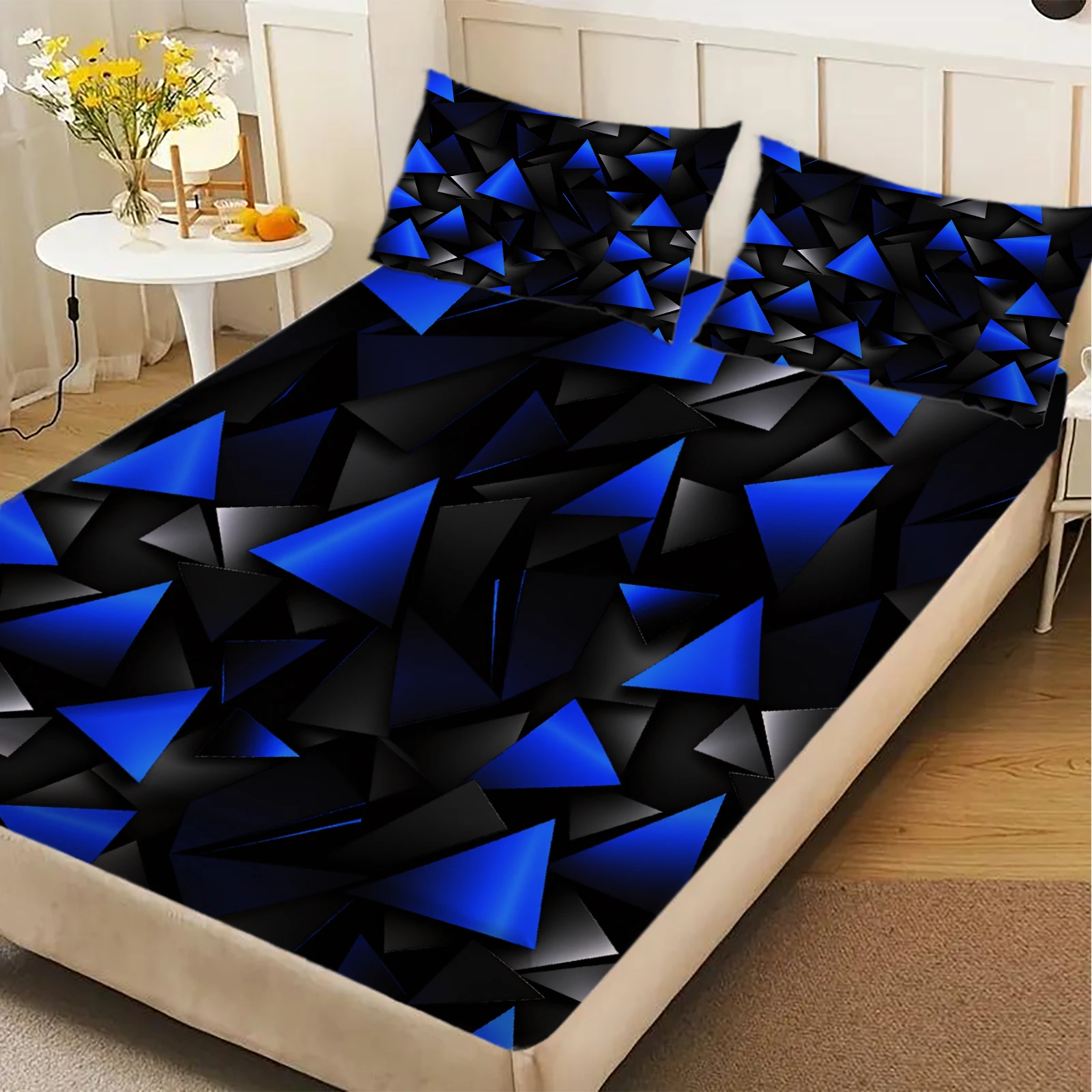 3pcs Geometric Triangle Fitted Sheet Set 3D Printed Soft Blue Black Bedspread Bed Sheet Single Twin Queen Size Home Decor