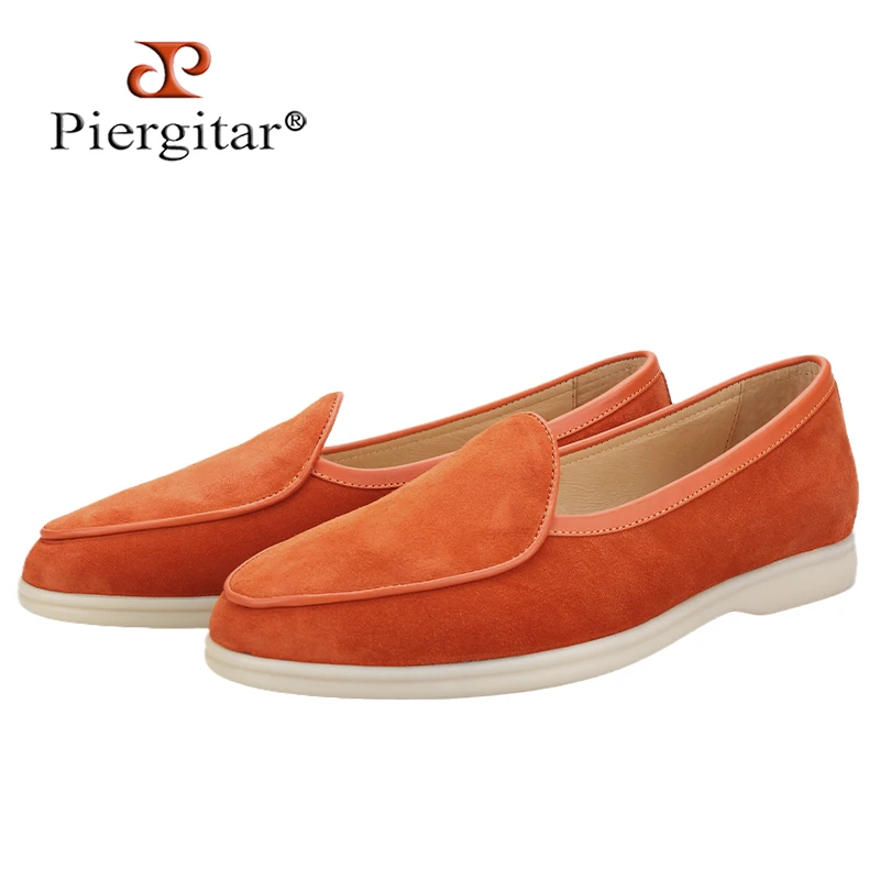Piergitar LP Brand Classic Model Orange Color Suede Summer Walk Shoes Cream Colored Non-Slip Outsole Men's Slip-On Loafers