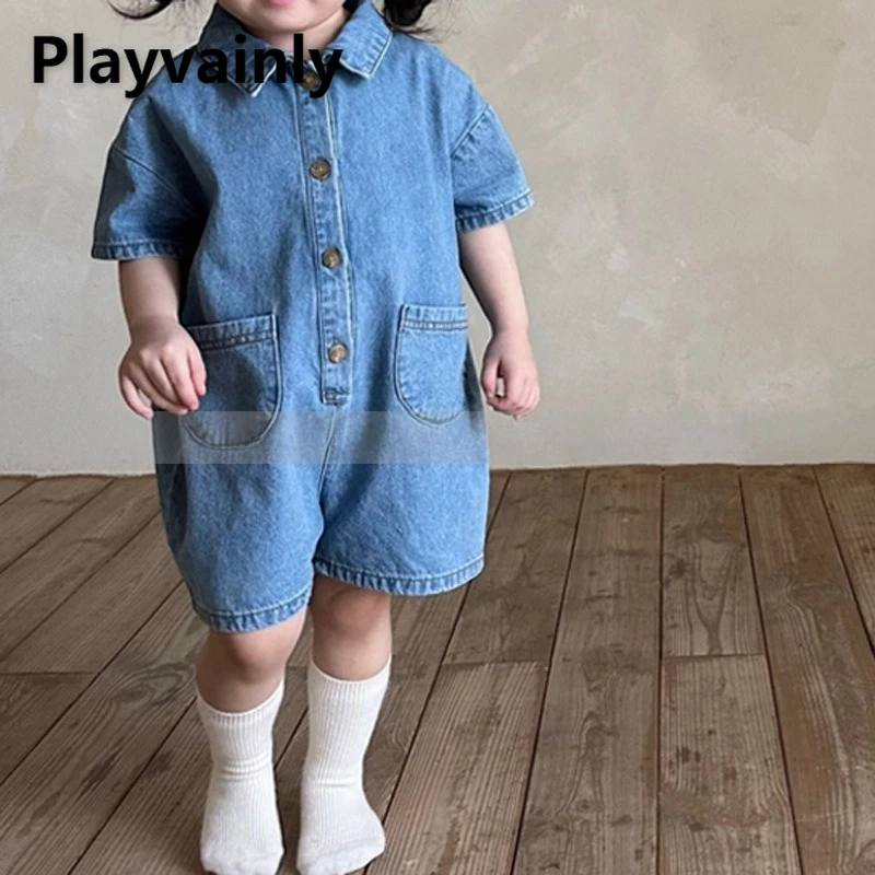 

Korean Style Baby Jeans Overalls Summer Boy and Girl Turn-down Collar Short Sleeve Denim Jumpsuit Kids Crawling Clothes D26122