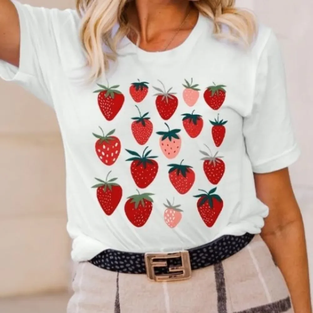 2025 Women Strawberry Cute Graphic COTTON T Shirts Fruit Shirts Strawberries Print Cottagecore Clothing Tshirt Garden Tee Tops