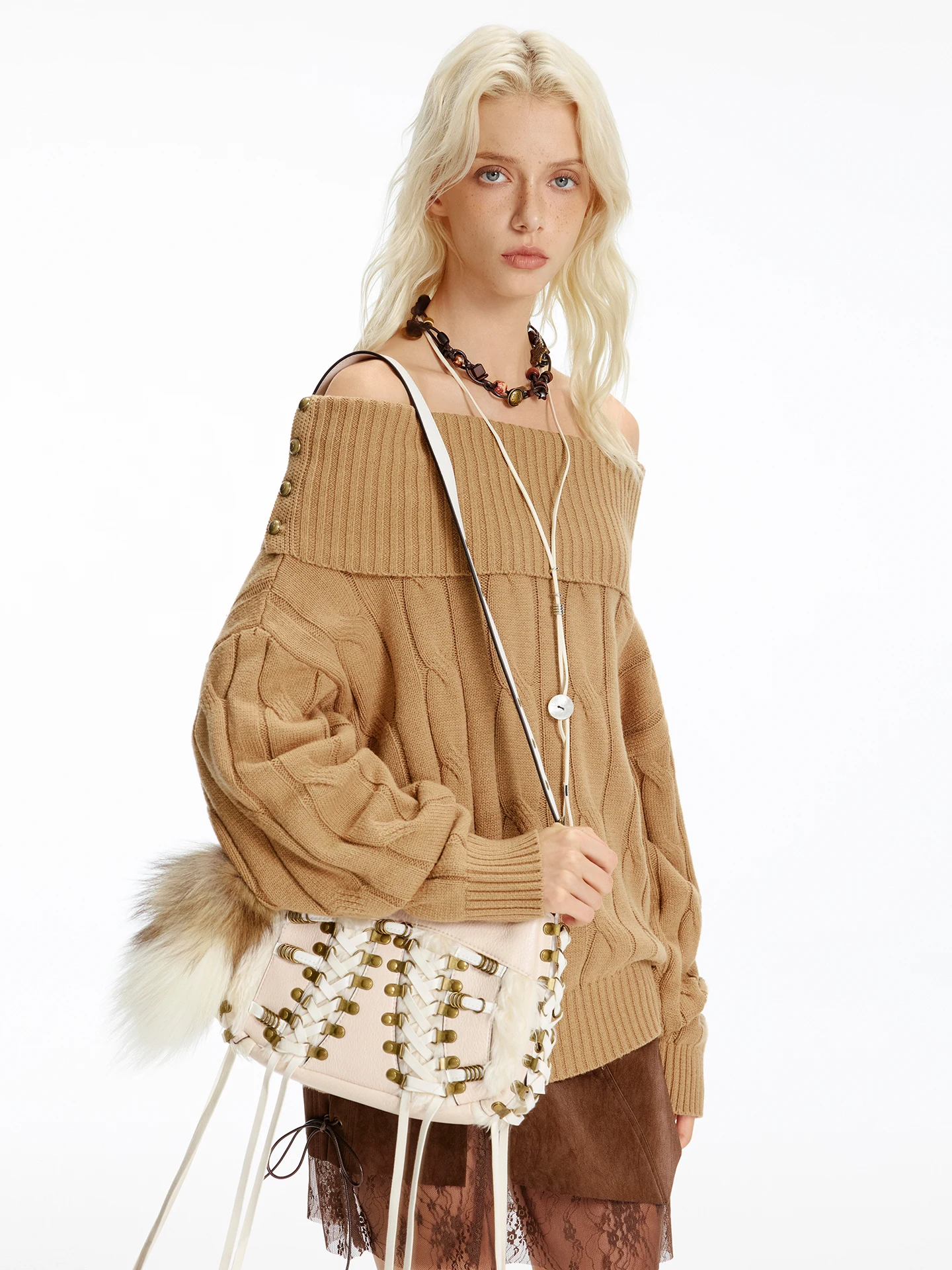 

Retro Twist Knitted Sweater Women's Autumn Khaki One-oulder Turn-down Collar Metal Bule oulder Exposure Multiple Wear M...