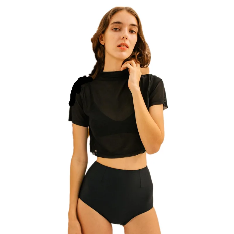 New Retro Three Piece Swimsuit Women Solid Mesh Swimwear Concise Style Sexy High Waist Short Sleeve Bathing Suit with Pads