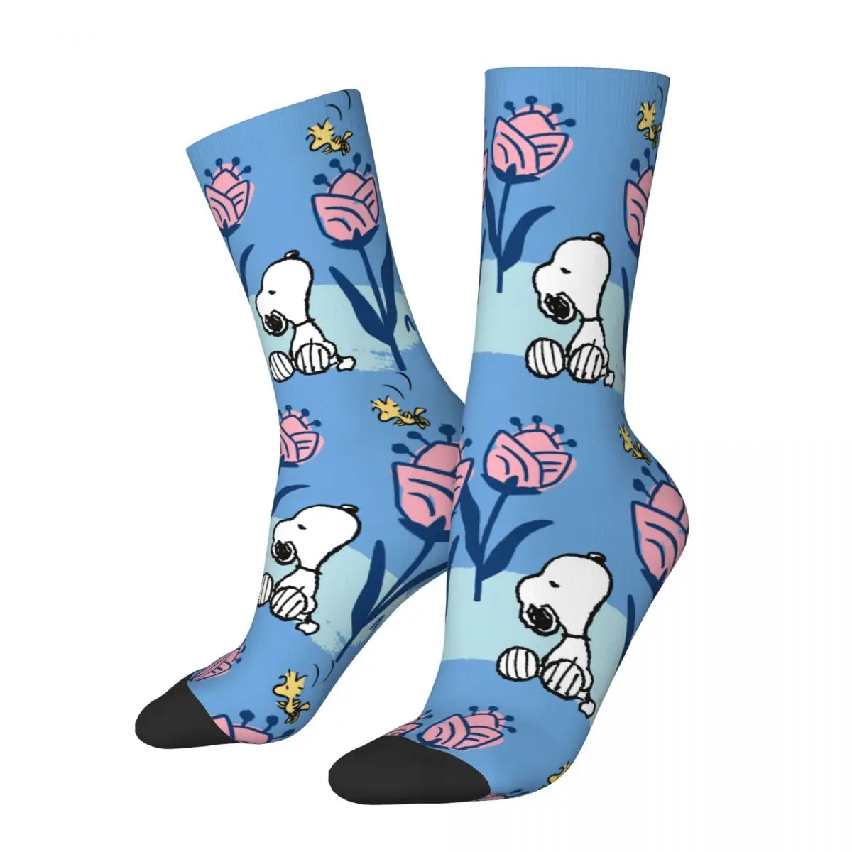 Casual Snoopy Woodstock Flower Garden Sports Socks Polyester Crew Socks for Unisex Sweat Absorbing