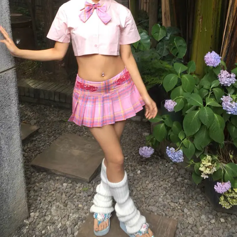 Falda plisada gótica a cuadros para niña, minifalda de cintura baja, estilo Kawaii, Retro, Harajuku, rosa, Sexy, de calle, nueva moda, Y2k