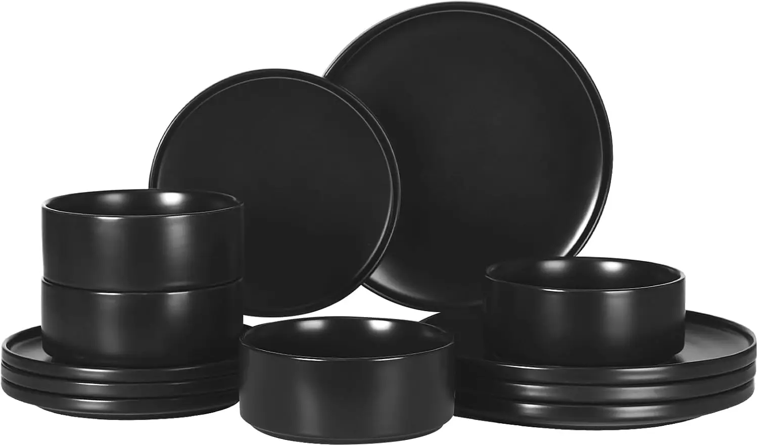 

12-Piece Stoneware Dinnerware Set for 4, Microwave & Dishwasher Safe, Lead-Free Ceramic Plates and Bowls in Matte Black