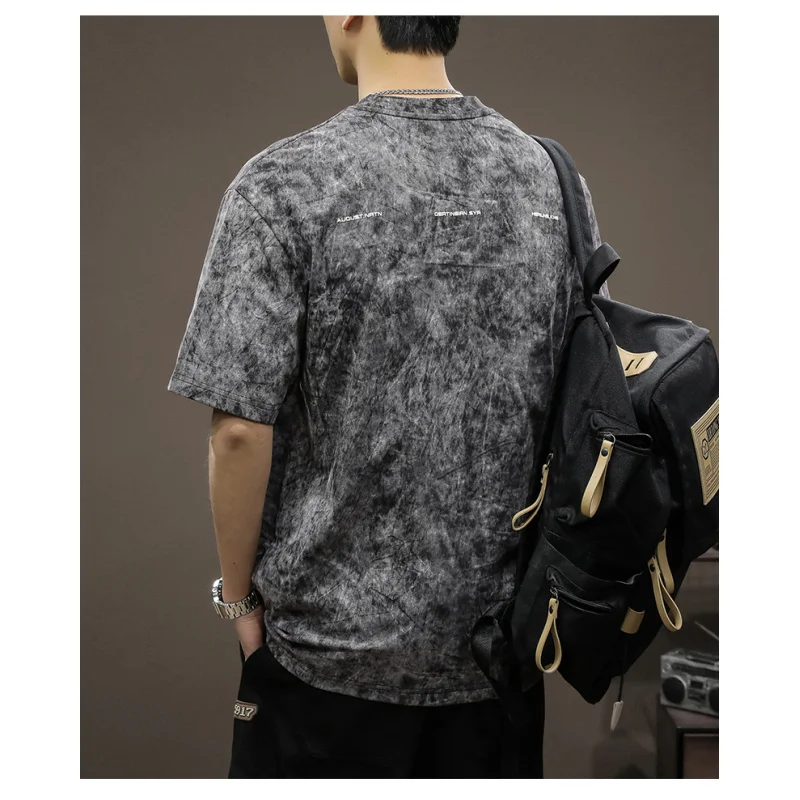 Halo Dyed Washed Cotton Short sleeved T-shirt for Men 2024 New Summer Fashion Brand Elastic Loose Casual Half sleeved Top