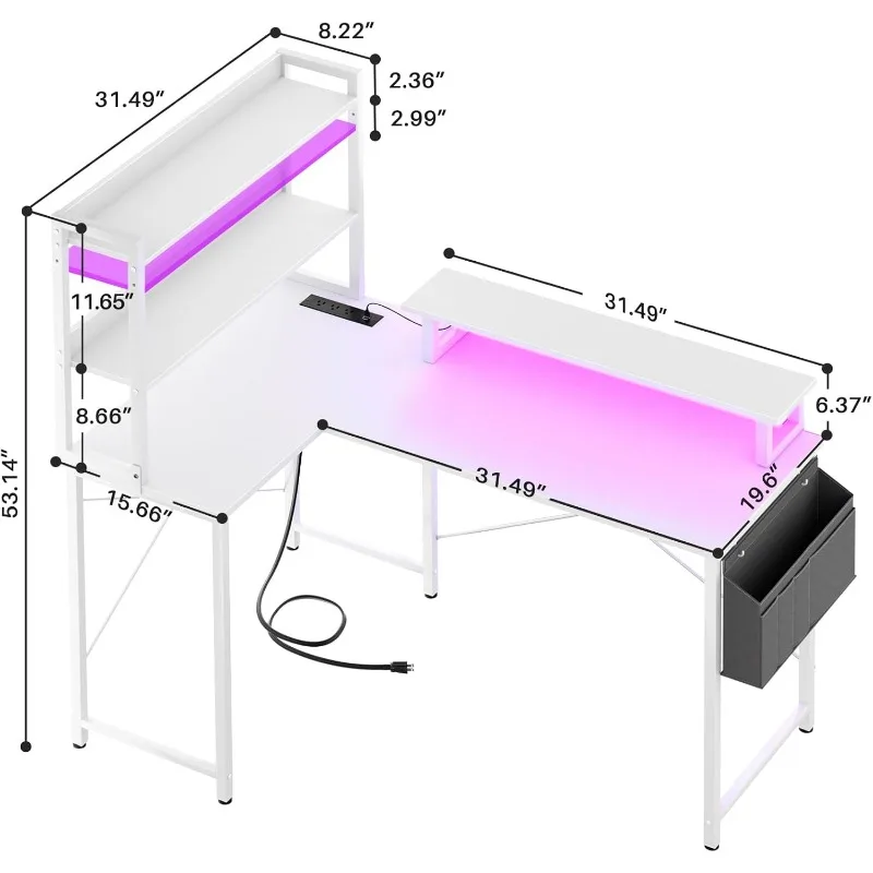 L Shaped Mesa do Computador com Estante, Mesa Gaming Canto reversível, Estação de carregamento e Luz Led, Casa, 47"