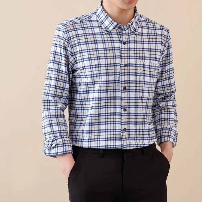 New in shirt 100%cotton brushed long sleeve shirts for men slim fit formal plain shirt soft plaid tops casual elegants clothes