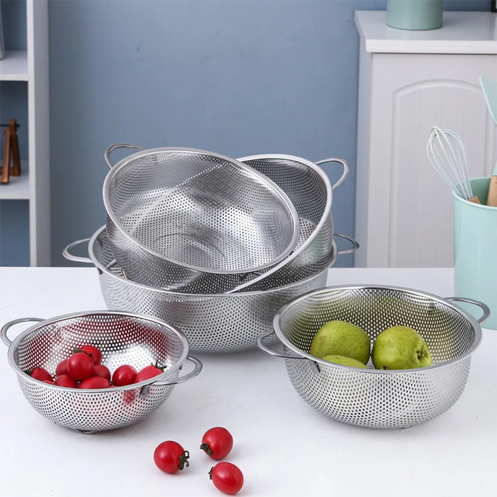 1PC Stainless Steel Drain Basket Colander Fruit Rice Vegetable Washing Basket Strainer Drainer with Handle Kitchen Storage Tools