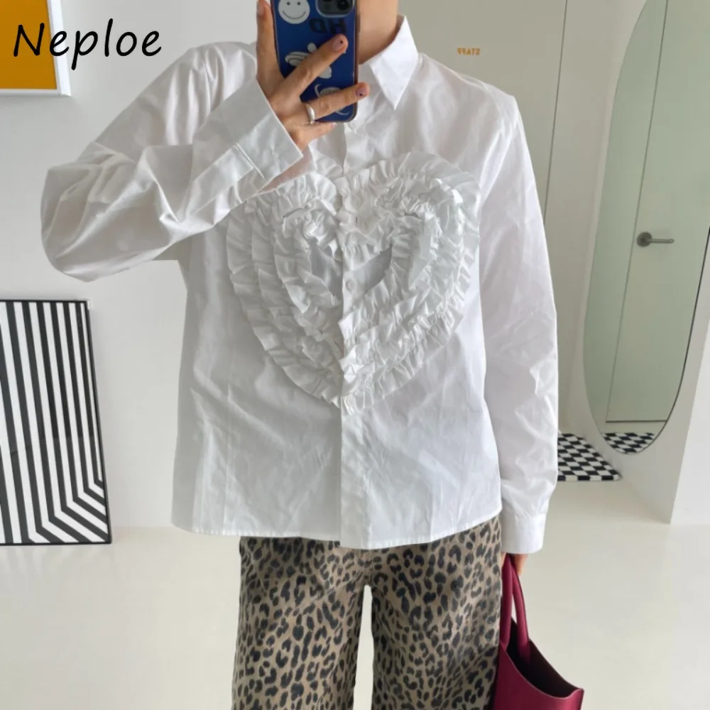 Neploe Fresh Solid 3D Flower New Turn-down Collar Crop Top Lovely All-match Korea Casual Ropa Mujer Minority Sweet Loose Blouses