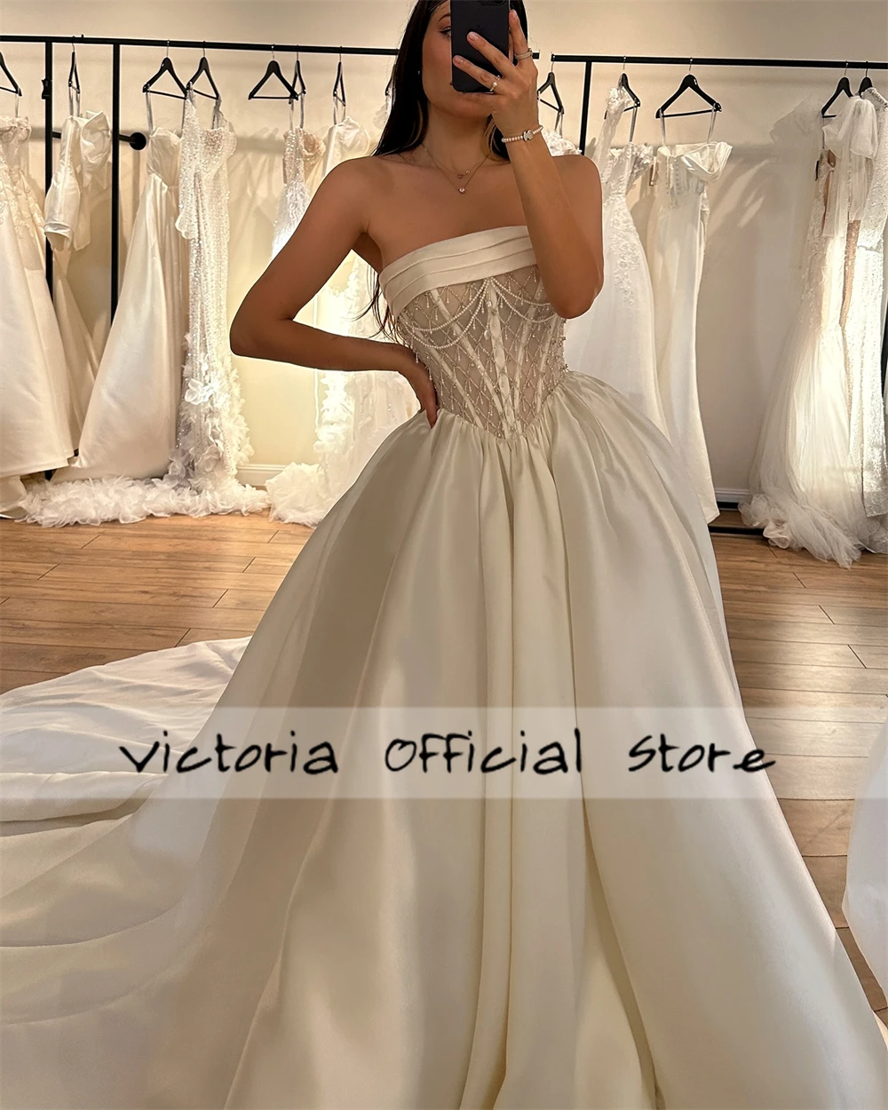 Enjoyable Ivory Satin Wedding Dresses 2025 Arabic Brides Beads Strapless Dubai Bridal Gowns A Line robe de mariée Customized