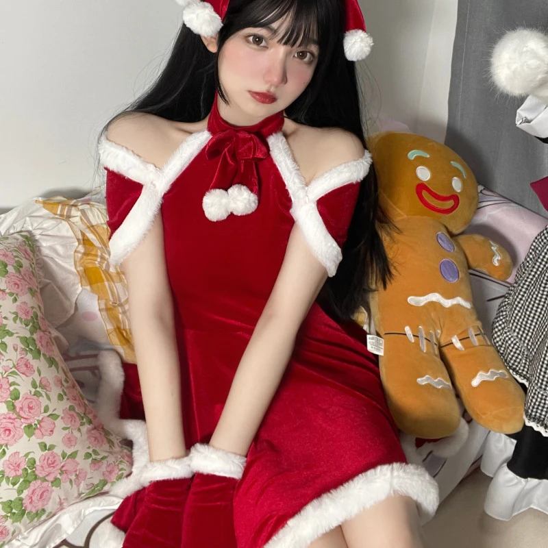 Autumn Winter Sweet Christmas Red Plush Dress Suit Women Sexy Party Mini Dress Female Kawaii New Year 4 Piece Set Cute Home Wear