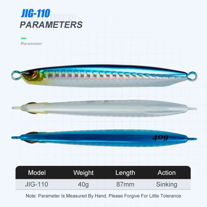 OBSESSION J110 40g Drag Metal Cast Super Slim Jigging Lure Luminous Fishing Jigs Bait Saltwater Sinking Fishing Metal Jig Lure