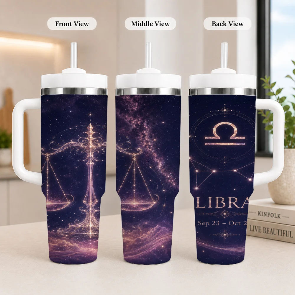 Simple Twelve Zodiac Signs Vacuum Flasks 40oz Leakproof Steel Tumbler w/ Lid Straw Handle Hot Cold Drinks