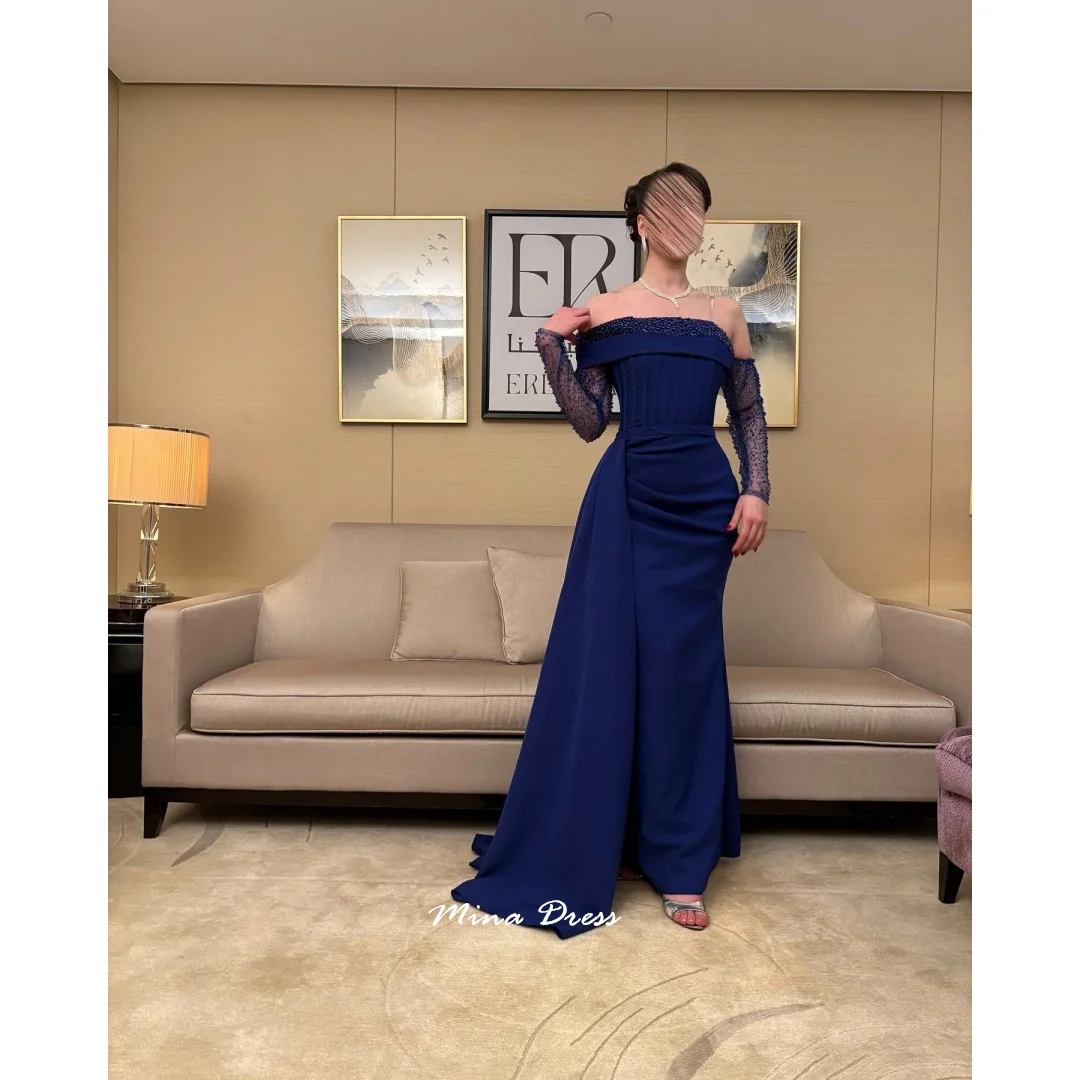

Mina Customized Royal Blue Strapless Ball Gown Evening Dress Luxury Elegant Party Dress Beaded Mesh Long Sleeves Prom Dresses