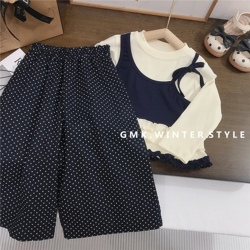 

Girls' Fashion Set Korean Style Autumn New Children's Stylish Lace Fake Two-Piece Top Polka Dot Wide-Leg Pants