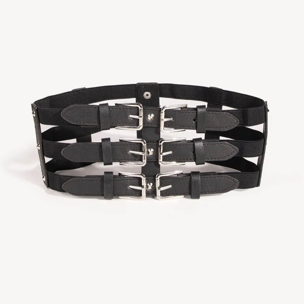 High Quality Three Row Buckle Waistband Belt Punk Style Versatile Elastic Waist Belt Slim Fit Wide Women's Waist Belt for Women