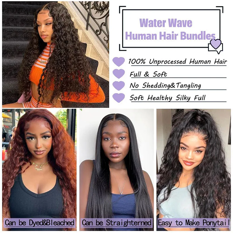 Water Wave 1/3/4 Bundles Human Hair 10A 12A Brazilian Virgin Human Hair Bundles Natural Black Color Wet and Wavy Hair Extensions