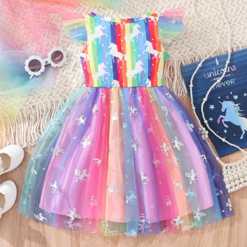 

Rainbow Mesh Dress Fly Sleeve Girls Casual Dress Perfect for Spring and Summer Cartoon Dress 2-6T