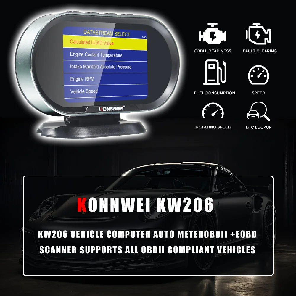 

Автомобильный OBD2 сканер KONNWEI KW206, Автомобильный бортовой компьютер, Автомобильный цифровой датчик расхода топлива, температуры воды