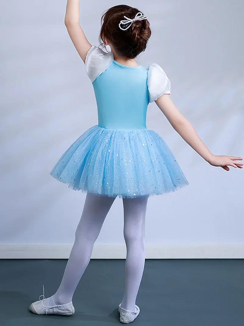 Vestido de bailarina para meninas, malha tutu, vestido bailarino azul, traje de balé, biela aberta, collant de ginástica de palco