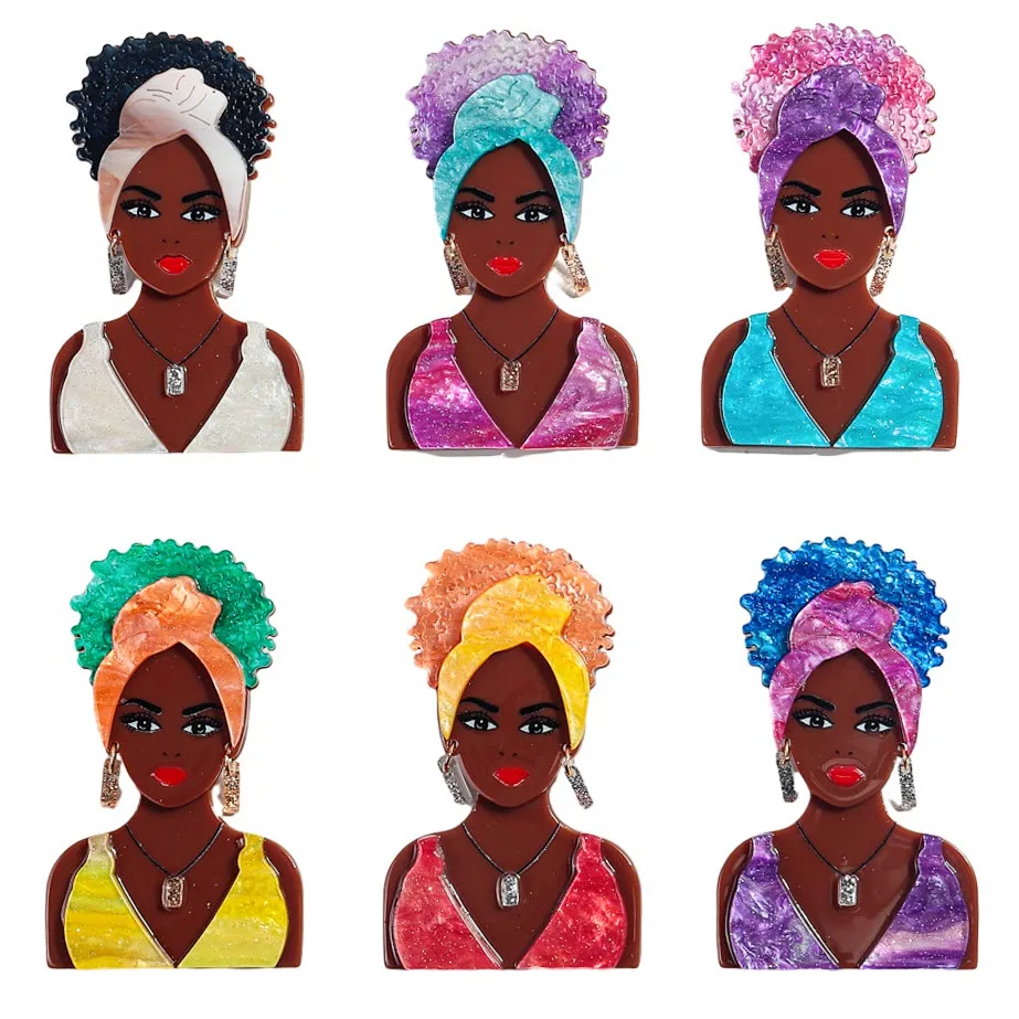 New Glitter Acrylic Bikini African Lady Brooches for Women 6-Color Beauty Black Girl Figure Brooch Lapel Pin Jewelry Accessories