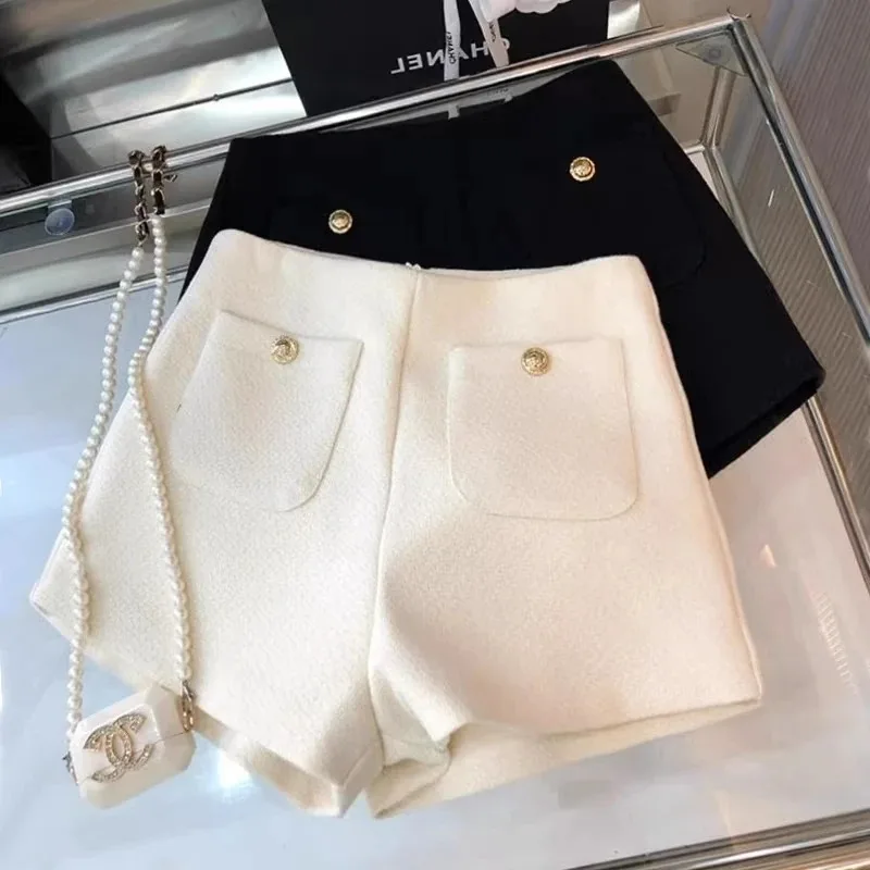 Women's Woolen Shorts 2025 New Autumn High-waisted Slim Boot Pants Outer Wear A-line Casual Solid Color Versatile Elegant Shorts