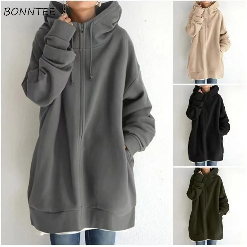 Zip Up Hoodies Women European Style Baggy Plus Velvet Warm Simple Hooded Coats Streetwear Personality Autumn Winter Худи Daily