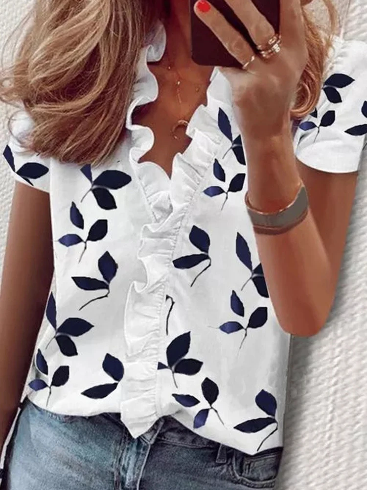 Casual Short Sleeve V Neck Ruffles Blouses Elegant Office Lady Shirts Summer Vintage Harajuku Loose Tops Female Boho Tunic