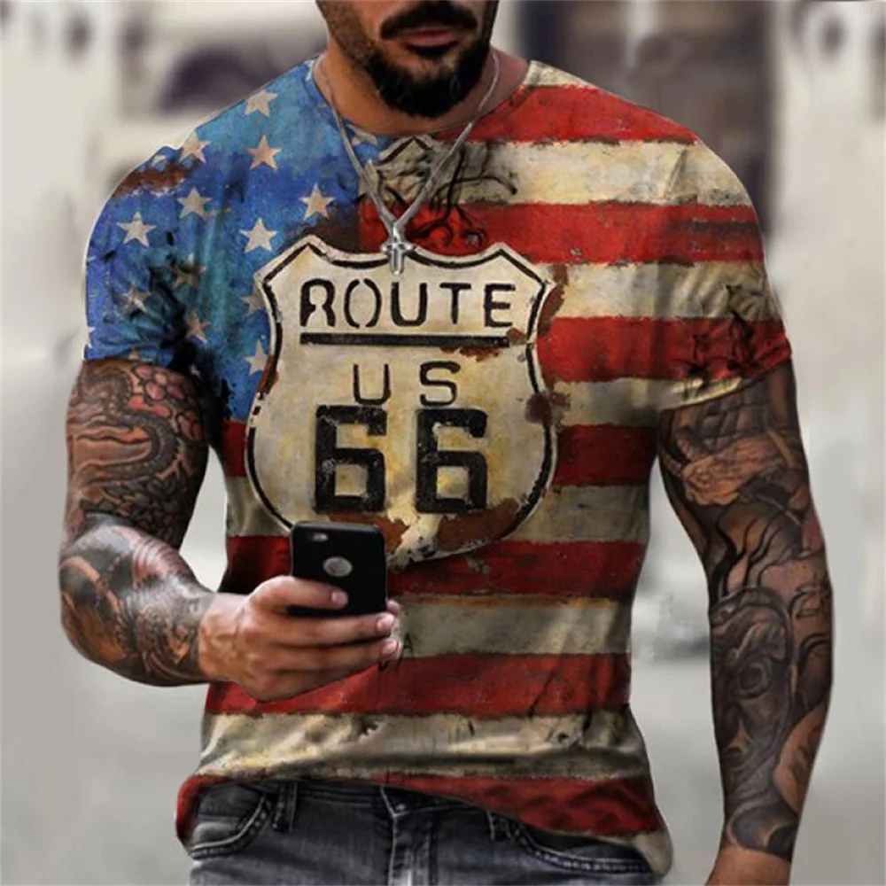 Summer T Shirts Usa America Route 66 Letters 3D Print Cool Men Short Sleeve Oversized T-Shirt Vintage Streetwear Boys Tees Tops