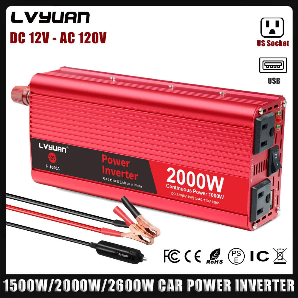 

DC 12 В переменного тока 120 В 1500 Вт/2000 Вт/2600 Вт пиковый инвертор питания 2 розетки USB зарядка 60 Гц автомобильный преобразователь напряжения бытовая автомобильная техника