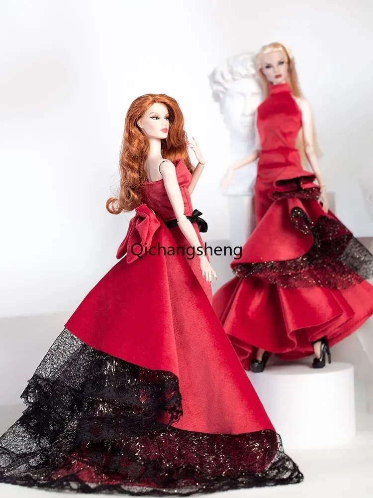 Vestido de novia rojo elegante para muñeca Barbie, traje hecho a mano, vestido de novia avanzado personalizado, accesorios de juguete para muñecas de 11,5 ", 1:6