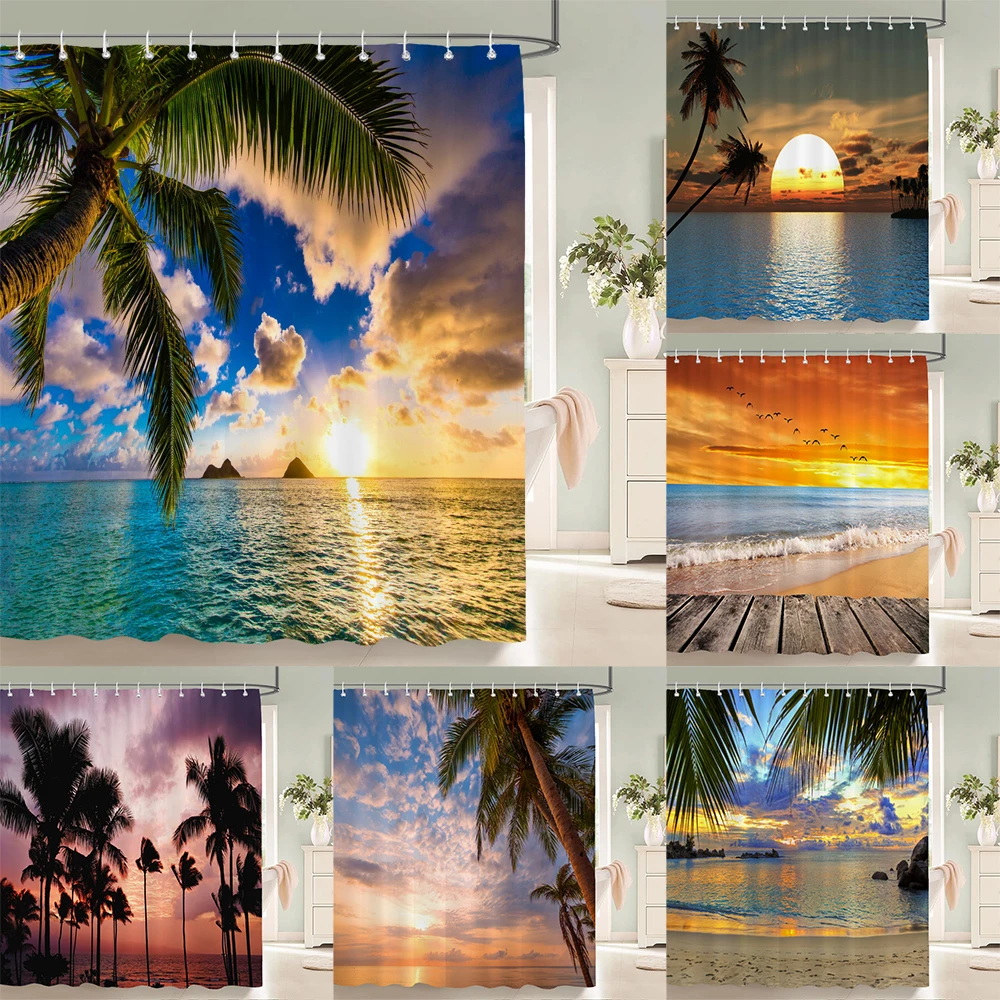 

Bathroom Waterproof Shower Curtain Sunset Dusk Beach Scenery Seaside Printing Polyester Home Decoration Curtain With Hook