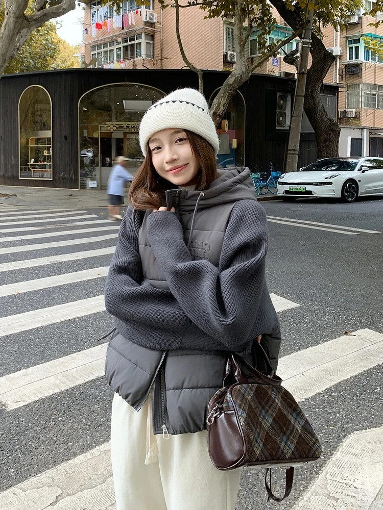 Fashionable Knitted Splice Cotton Jacket Women's Winter Warm Outerwear Commute Simple Style Thickened Long Sleeve Zipper Closure