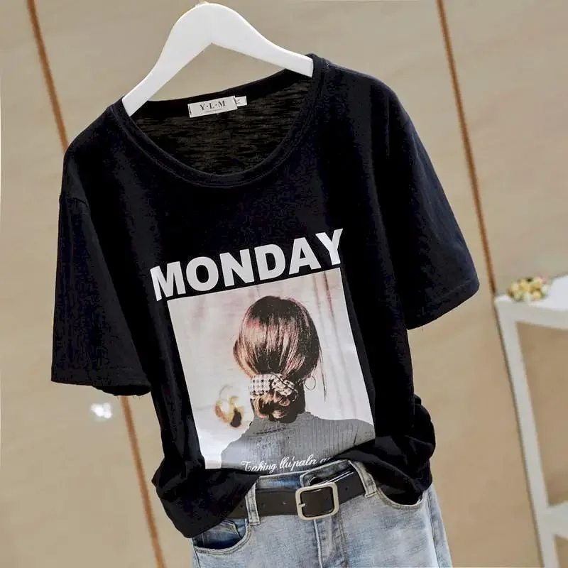 100% Cotton T Shirt Women Fashion Letter Print Personality T-shirt Casual Loose Short Sleeve Bottom Top Summer Trend Thin Tshirt