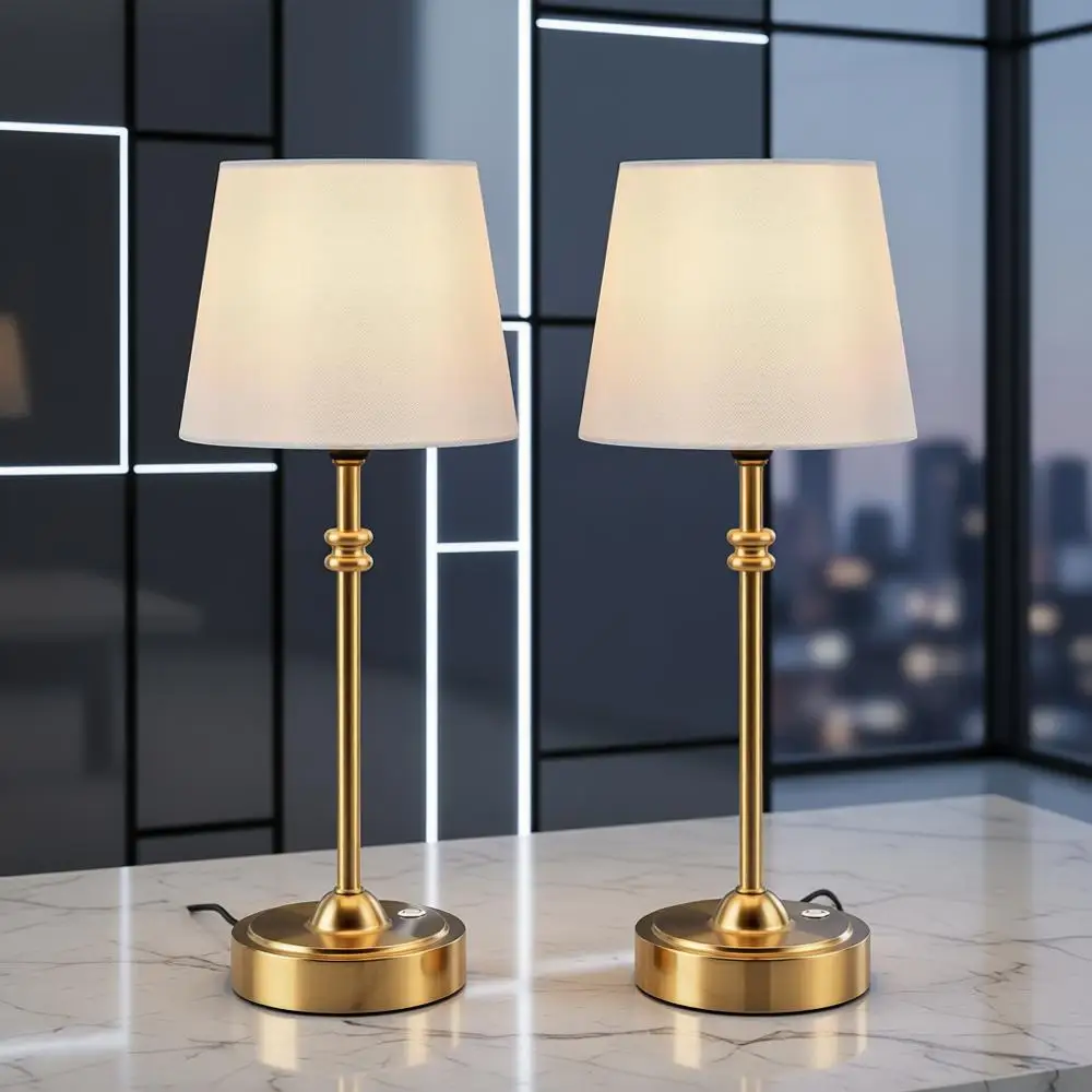 

Set of 2 Rechargeable Cordless Table Lamps with 4000mAh Battery, Dimmable Warm Light, Fabric Shade for Home & Outdoor Use (Gold)