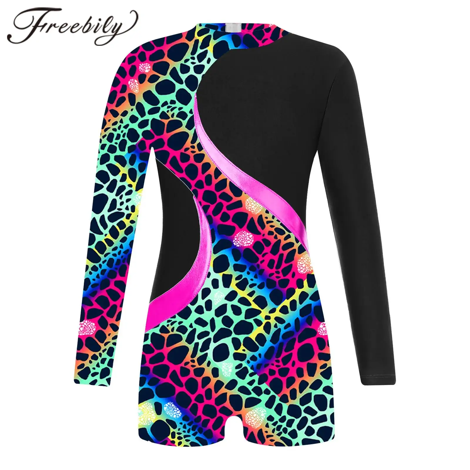 Kids Girls Print Ballet Dance Leotard Long Sleeve Gymnastics Jumpsuit Keyhole Back Patchwork Boyleg Sport Athletic Bodysuit