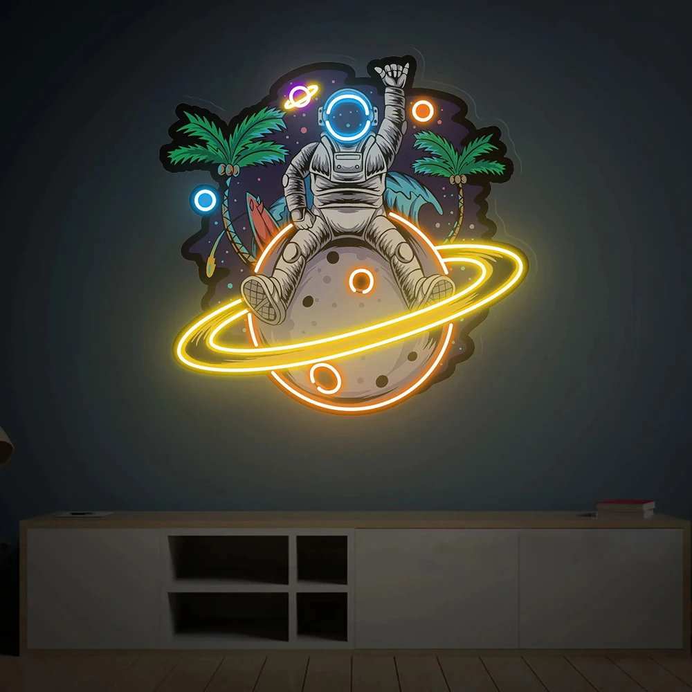 Astronaut Sitting on The Planet LED Neon Sign Light Custom Neon Signs Game Room Decor Wall Bedroom House Spaceship for Kids Gift