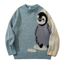 Harajuku örme kazak erkekler karikatür penguen baskı kazak japon rahat boy Jumper kadınlar bahar Autunm Streetwear erkek