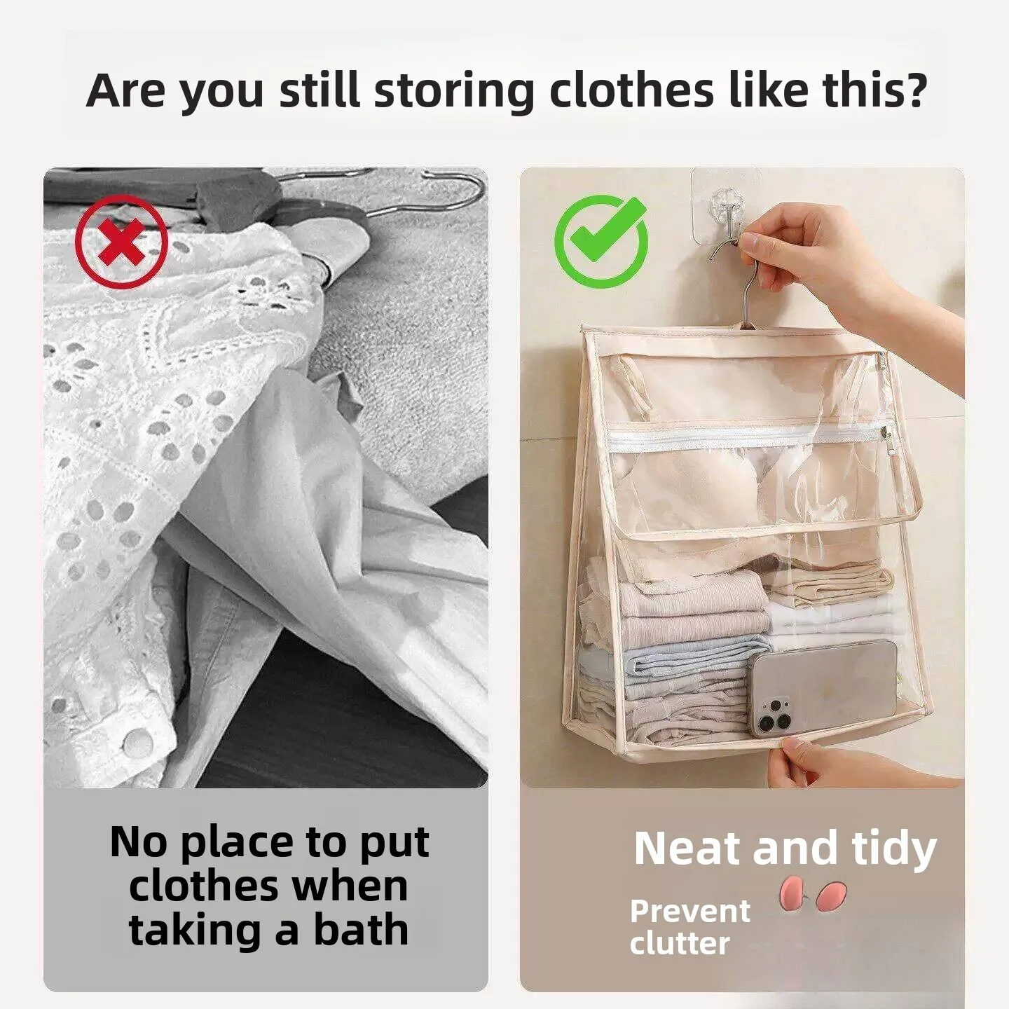 Waterproof Bathing Hanging Storage Bag Large Capacity Double Layer Thickened Clothes Phone Bag for Bathroom ABEYINUOR